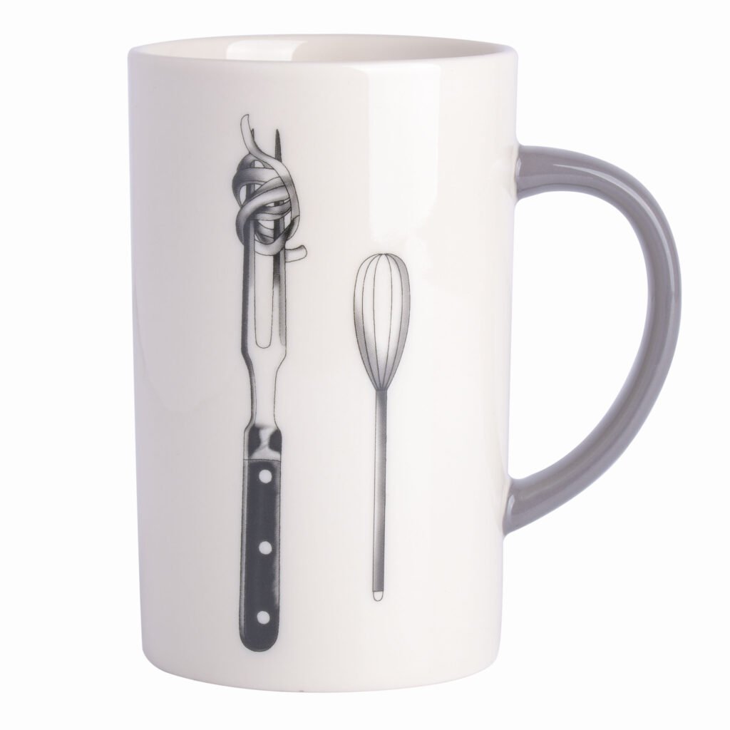 Babish 15 Ounce Tall Fine Ceramic Fork and Whisk Mug in White