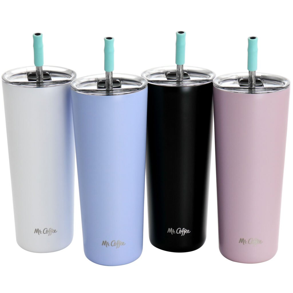 Mr. Coffee Java Quest 4 Piece 23 oz Stainless Steel Tumbler Set with Lids and Straws in Assorted Colors