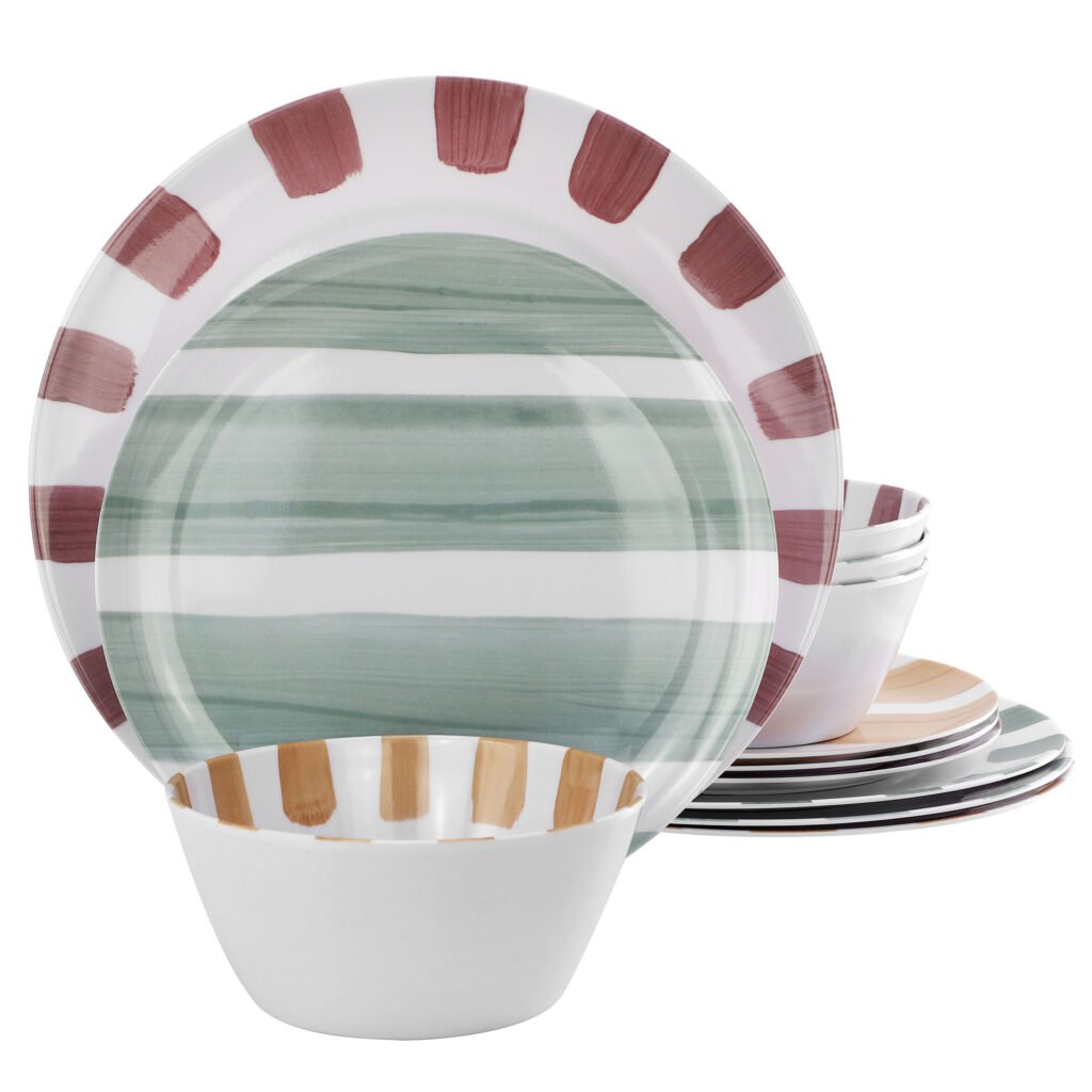 Gibson Home Cottage Stripes 12 Piece Melamine Dinnerware Set in White and Multi