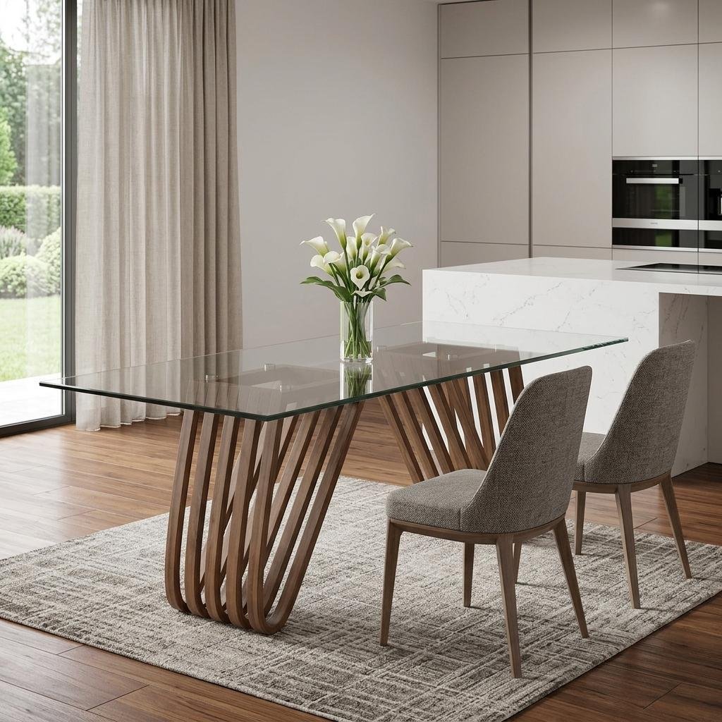 83" Clear And Brown Glass And Solid Wood Double Pedestal Base Dining Table
