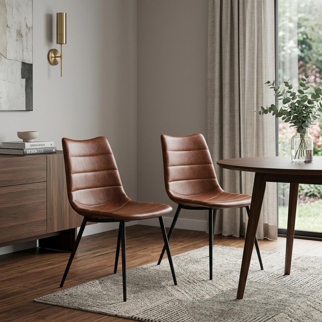 Set of Two Brown and Black Upholstered Faux Leather Dining Side Chairs