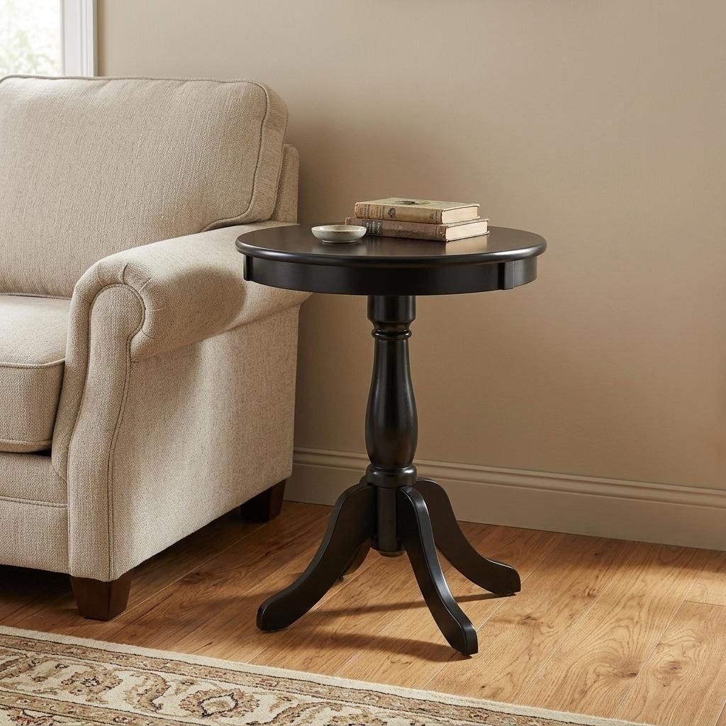 22" Black Wood And Solid Wood Round Pedestal End Table