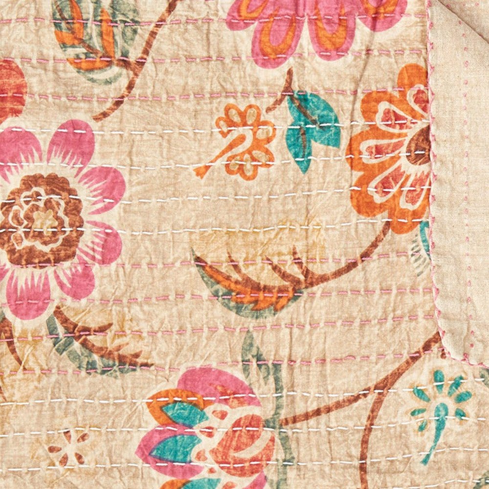 50" X 70" Beige Pink Orange and Green Cotton Kantha Floral Throw Throw Blanket with Embroidery - Image 6