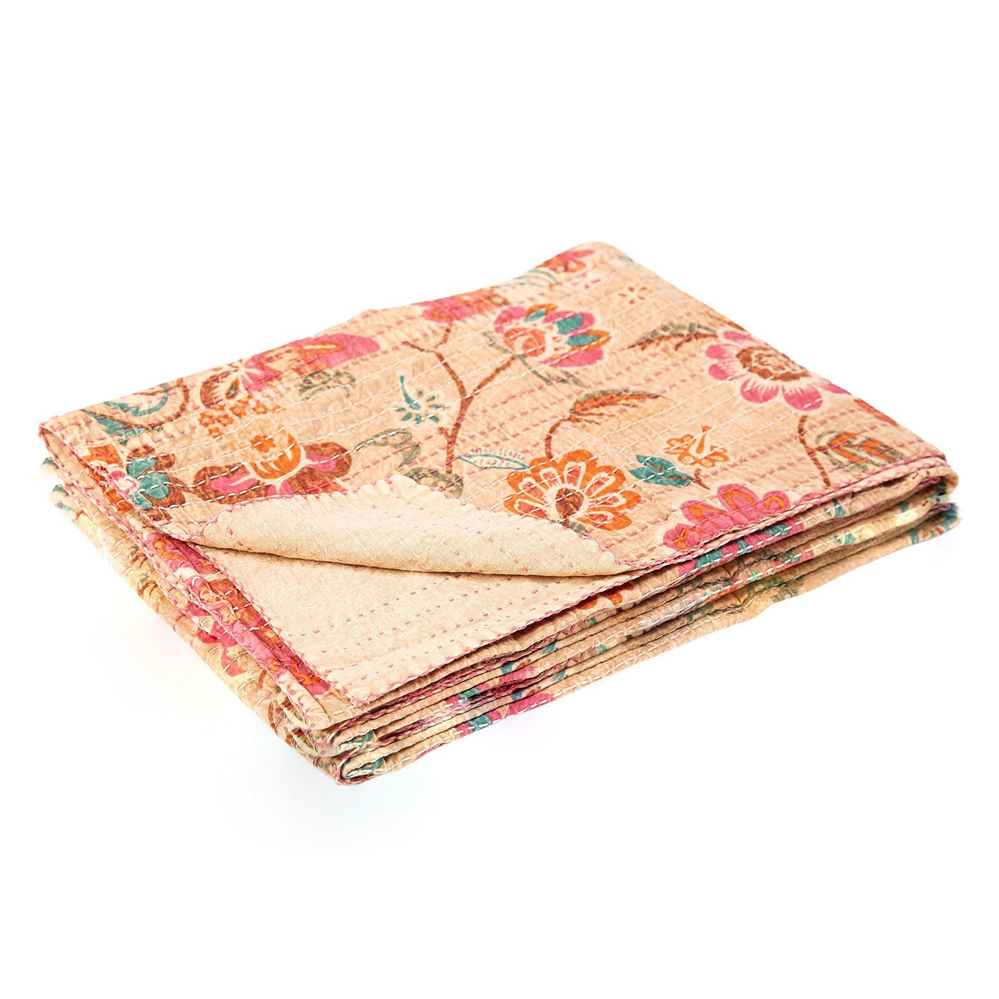 50" X 70" Beige Pink Orange and Green Cotton Kantha Floral Throw Throw Blanket with Embroidery - Image 3