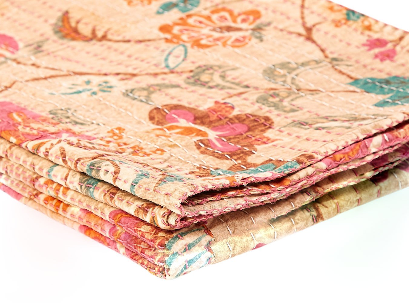 50" X 70" Beige Pink Orange and Green Cotton Kantha Floral Throw Throw Blanket with Embroidery - Image 5