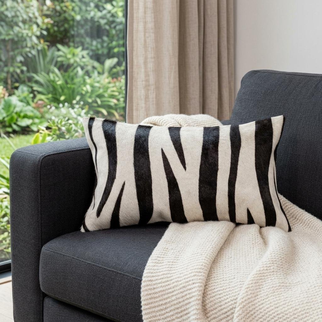 12" X 20" Black and Off White Cowhide Throw Pillow
