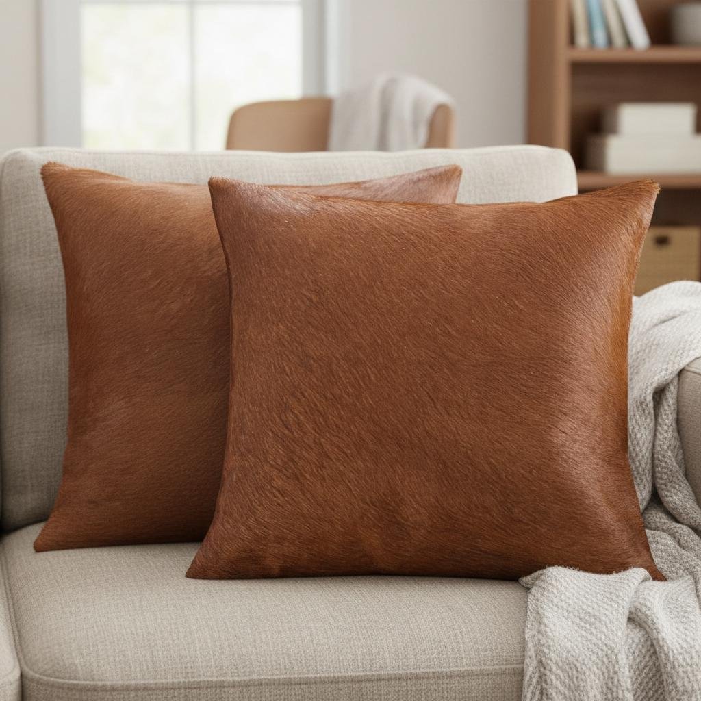 Set of Two 18" Brown Cowhide Throw Pillows