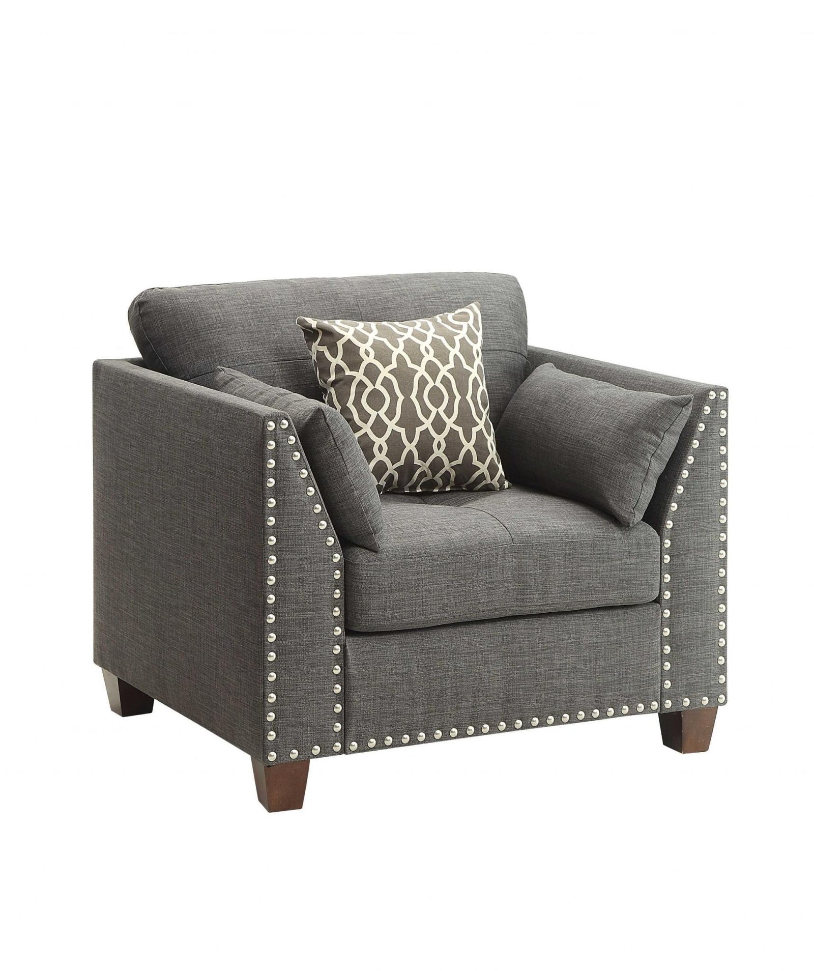 34" Charcoal and Brown Linen Arm Chair And Toss Pillows - Image 2