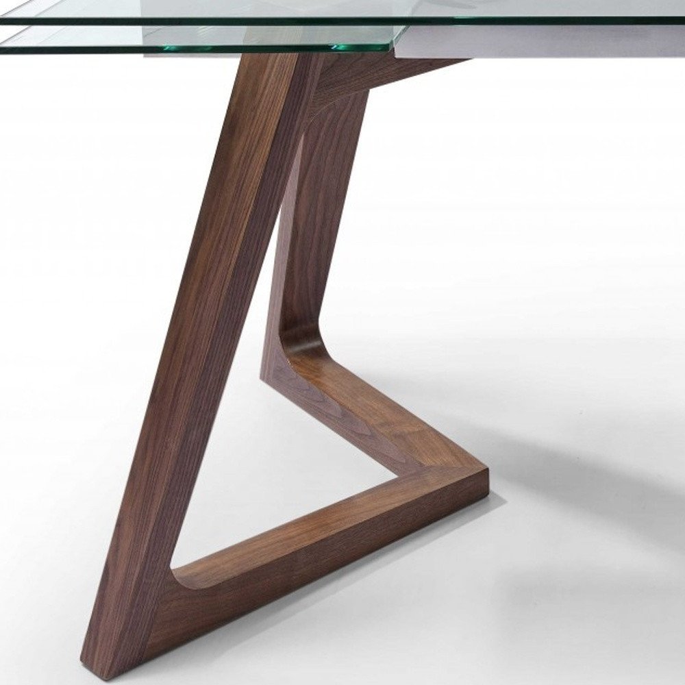 63" Clear and Brown Glass and Solid Wood Self-Storing Leaf Dining Table - Image 4