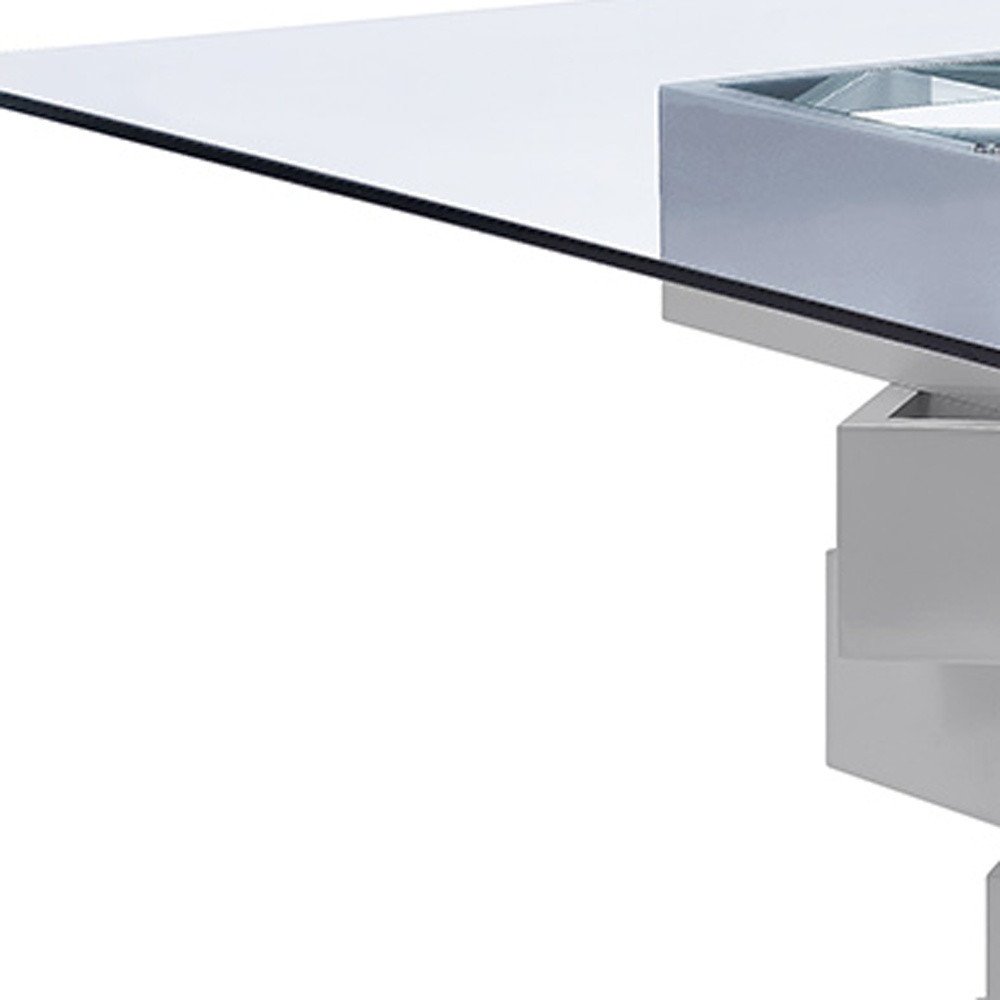 59" Clear And Gray Square Glass And Solid Wood Pedestal Base Dining Table - Image 4
