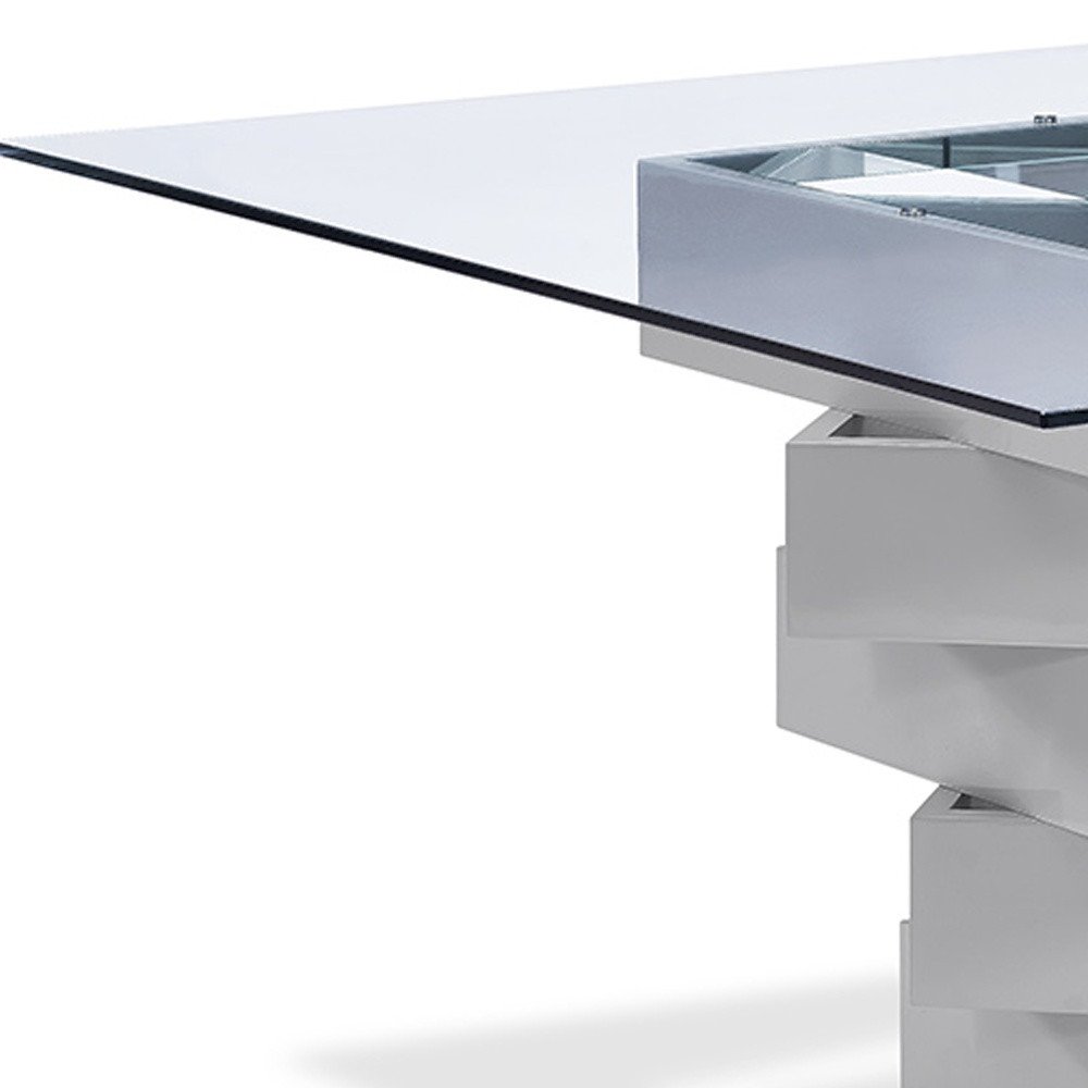 59" Clear And Gray Square Glass And Solid Wood Pedestal Base Dining Table - Image 5
