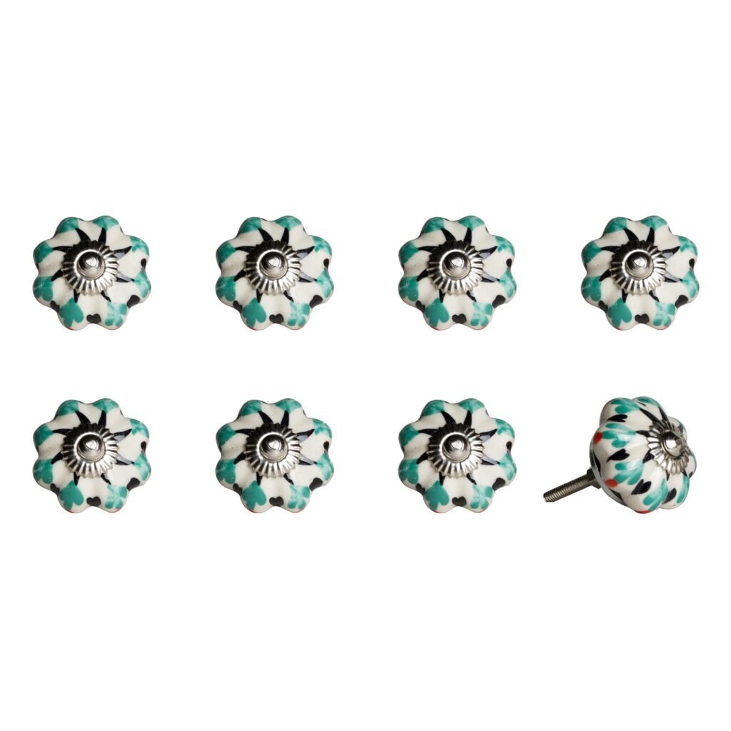 Set of Eight Green And Black Ceramic Drawer Pull Knobs