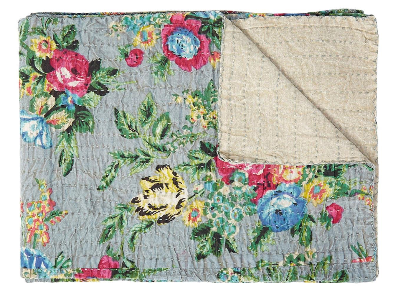 50" X 70" Pink Gray and Blue Kantha Cotton Floral Throw Blanket with Embroidery - Image 2