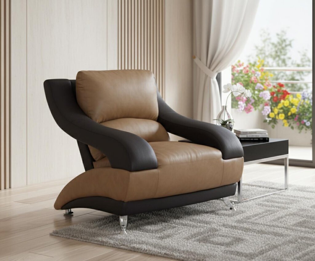 40" Beige And Black And Silver Genuine Leather Arm Chair
