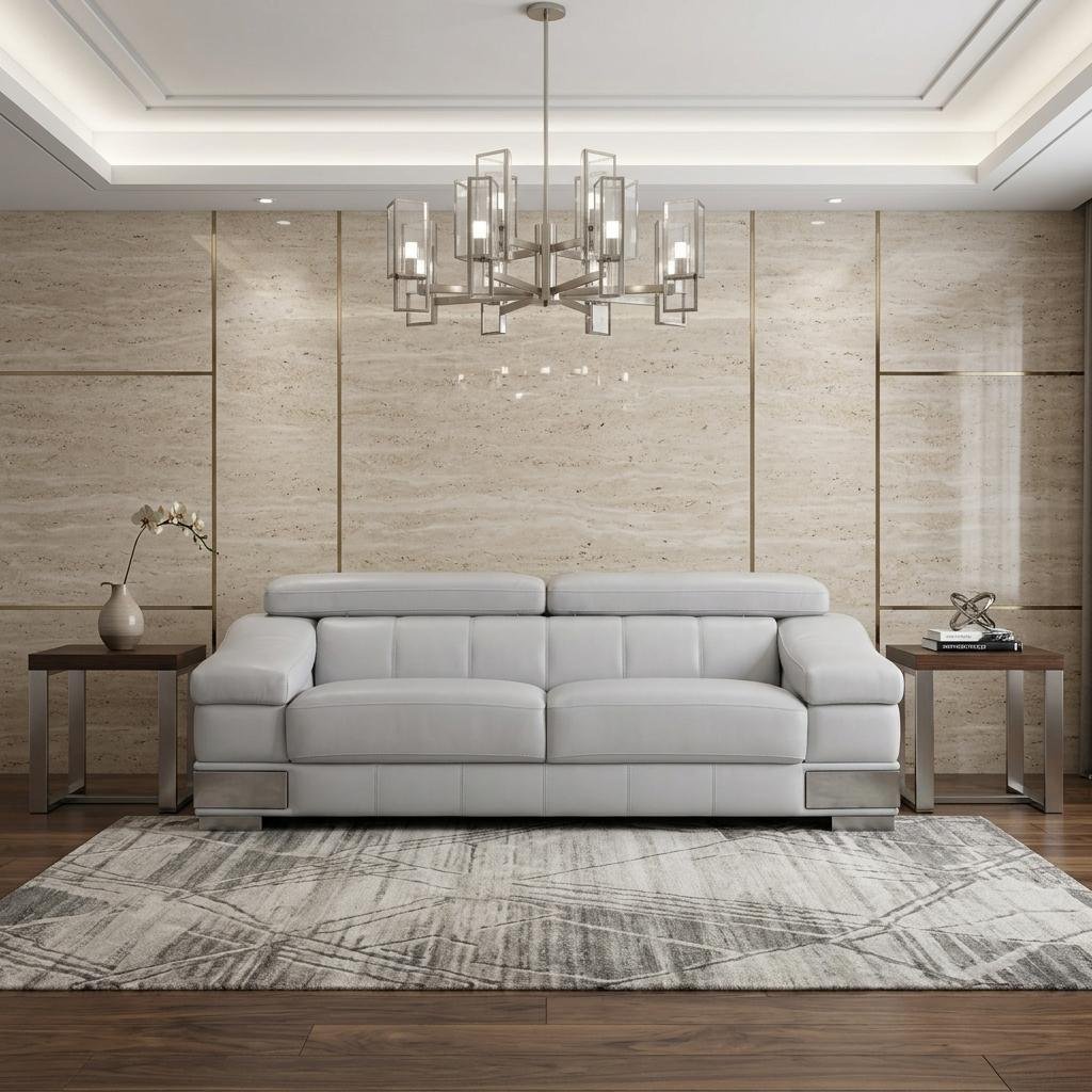 92" Light Gray Italian Leather Sofa With Silver Legs