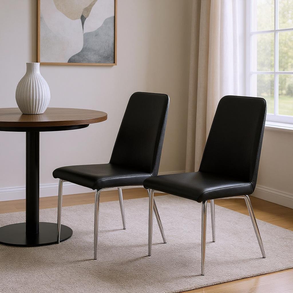 Set of Two Black And Silver Upholstered Faux Leather Dining Side Chairs