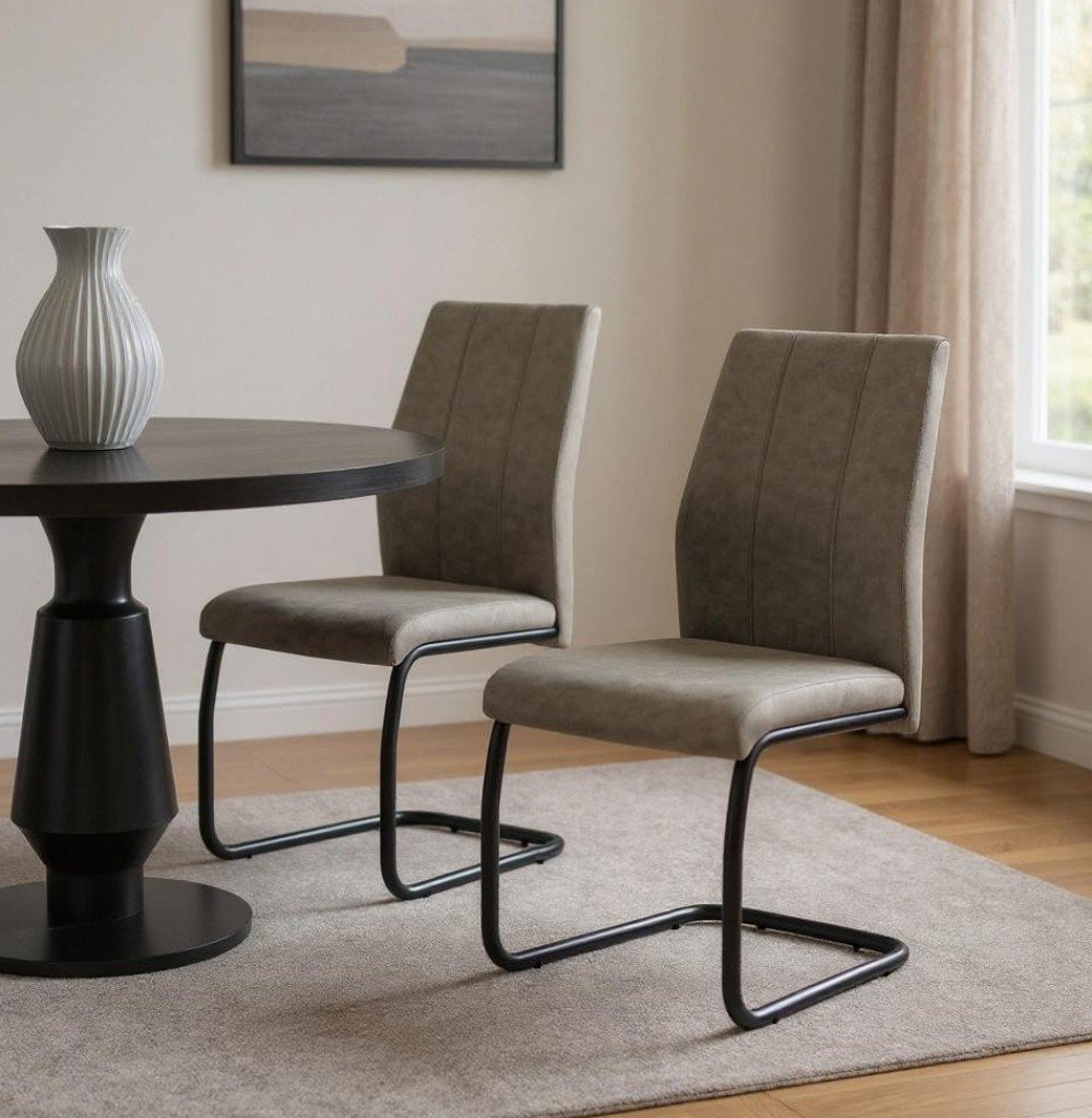 Set of Two Taupe And Black Upholstered Polyester Slat Back Dining Side Chairs