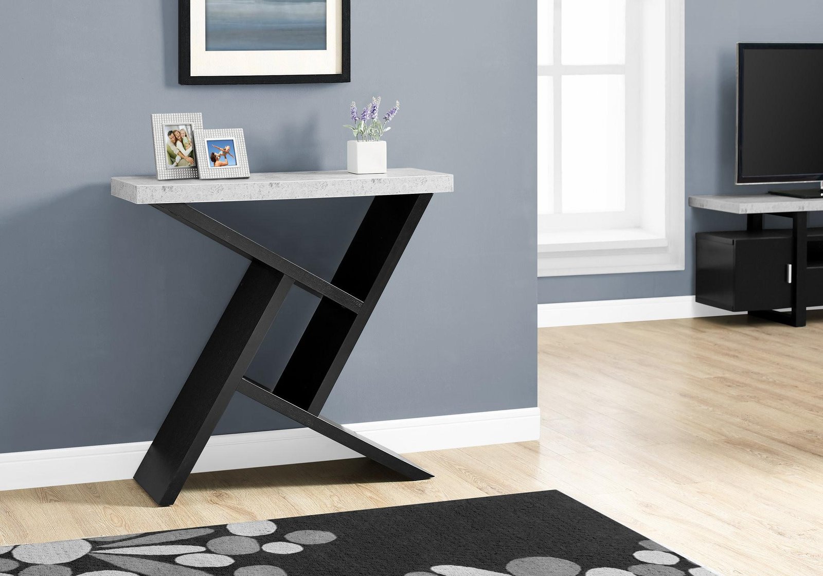 36" Gray and Black Abstract Console Table With Shelves - Image 6