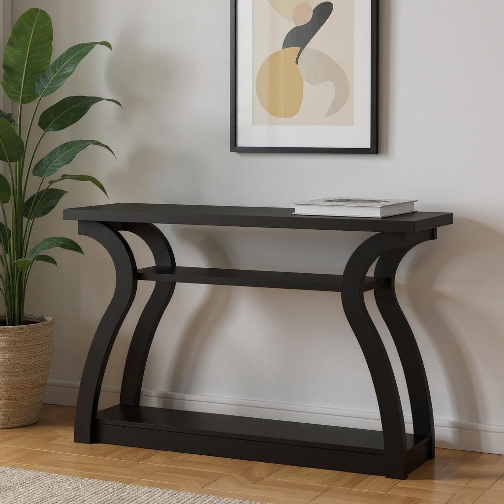 47" Black Floor Shelf Console Table With Shelves