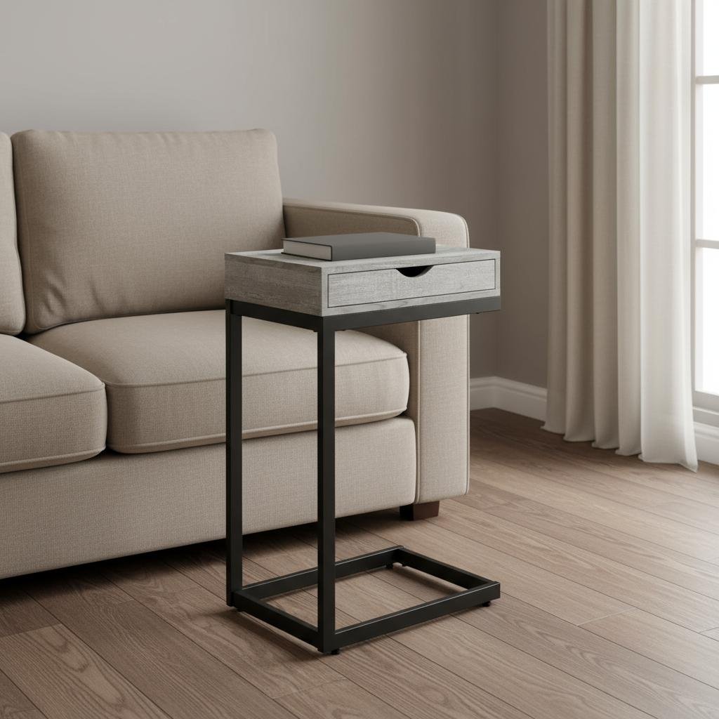 10.25" X 15.75" X 24.5" Grey Finish Drawer And Black Metal Accent Table