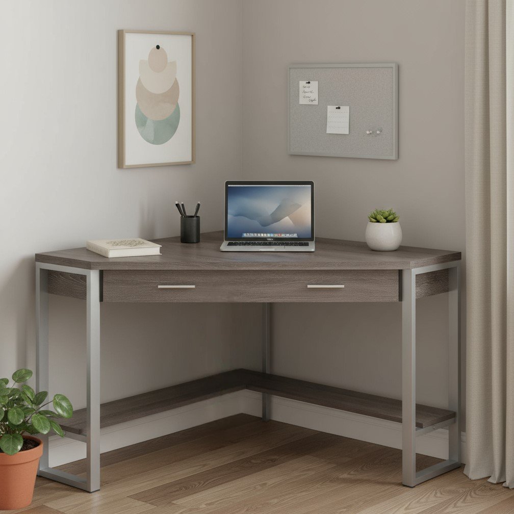 42" Taupe and Silver Corner Computer Desk