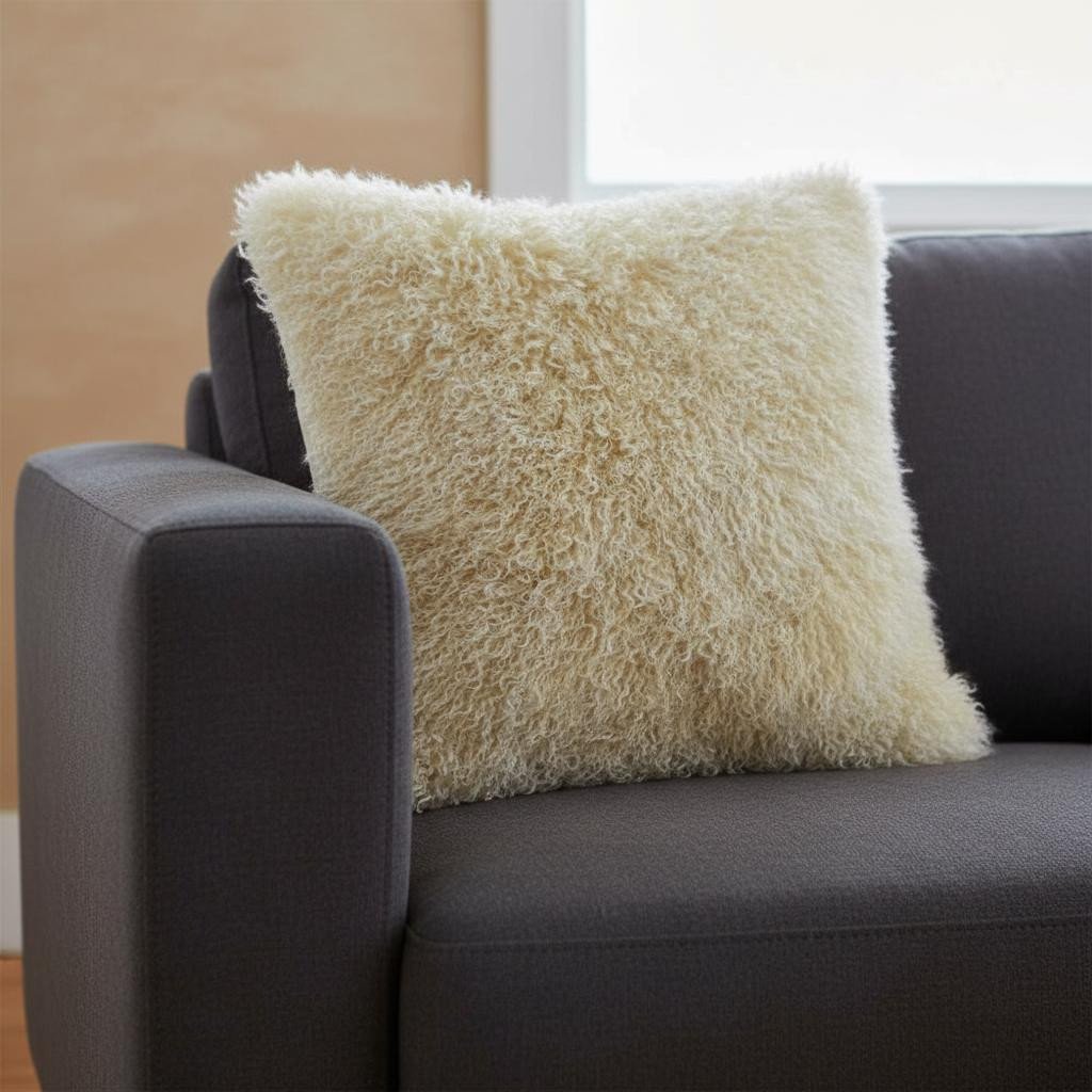 20" Gold Genuine Tibetan Lamb Fur Pillow With Microsuede Backing