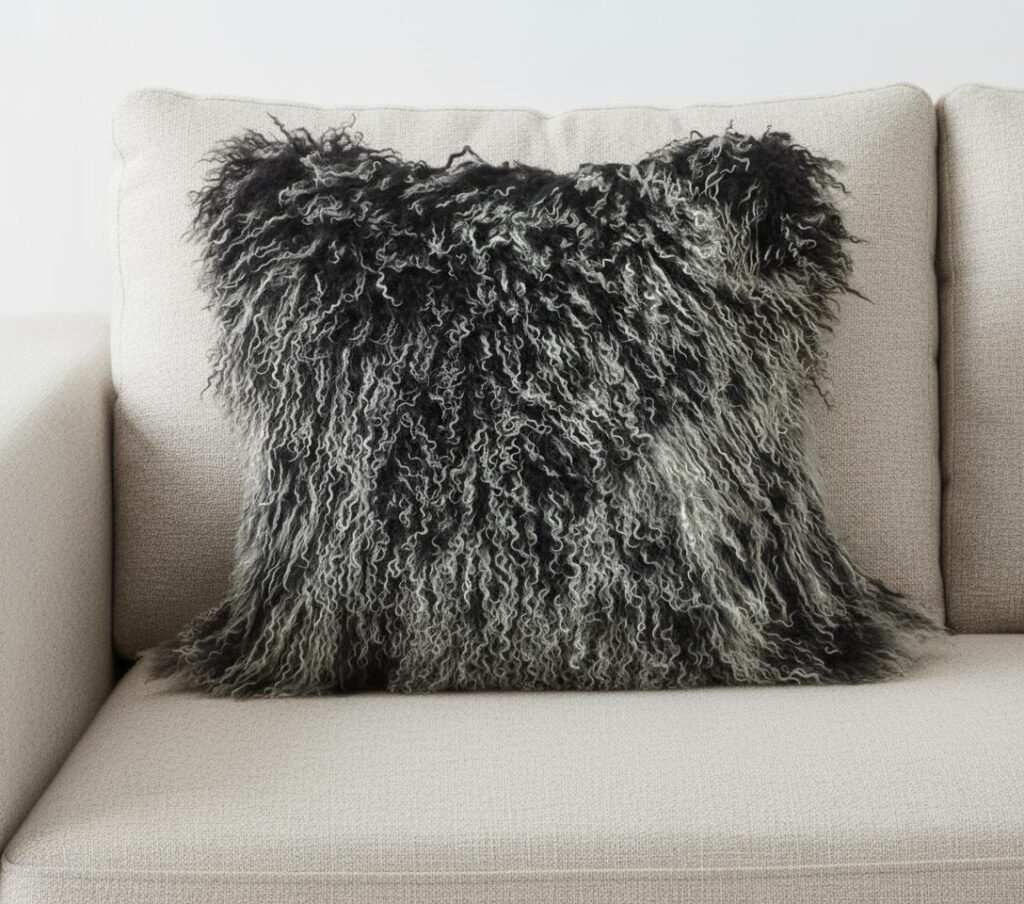 24" Black Genuine Tibetan Lamb Fur Pillow With Microsuede Backing