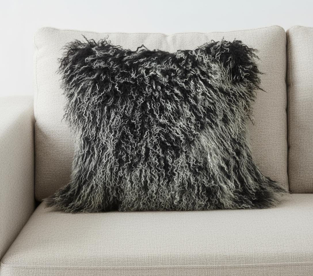 24" Black Genuine Tibetan Lamb Fur Pillow With Microsuede Backing