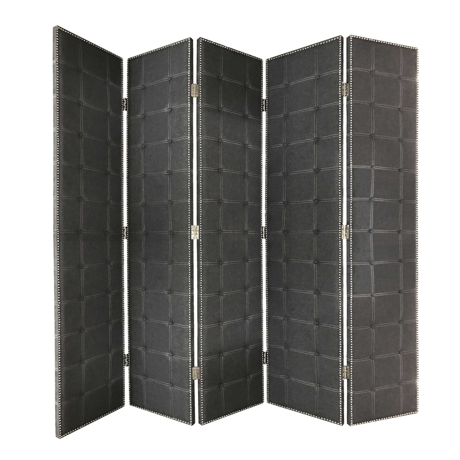 108" Gray Fabric And Wood Folding Five Panel Screen Room Divider - Image 2