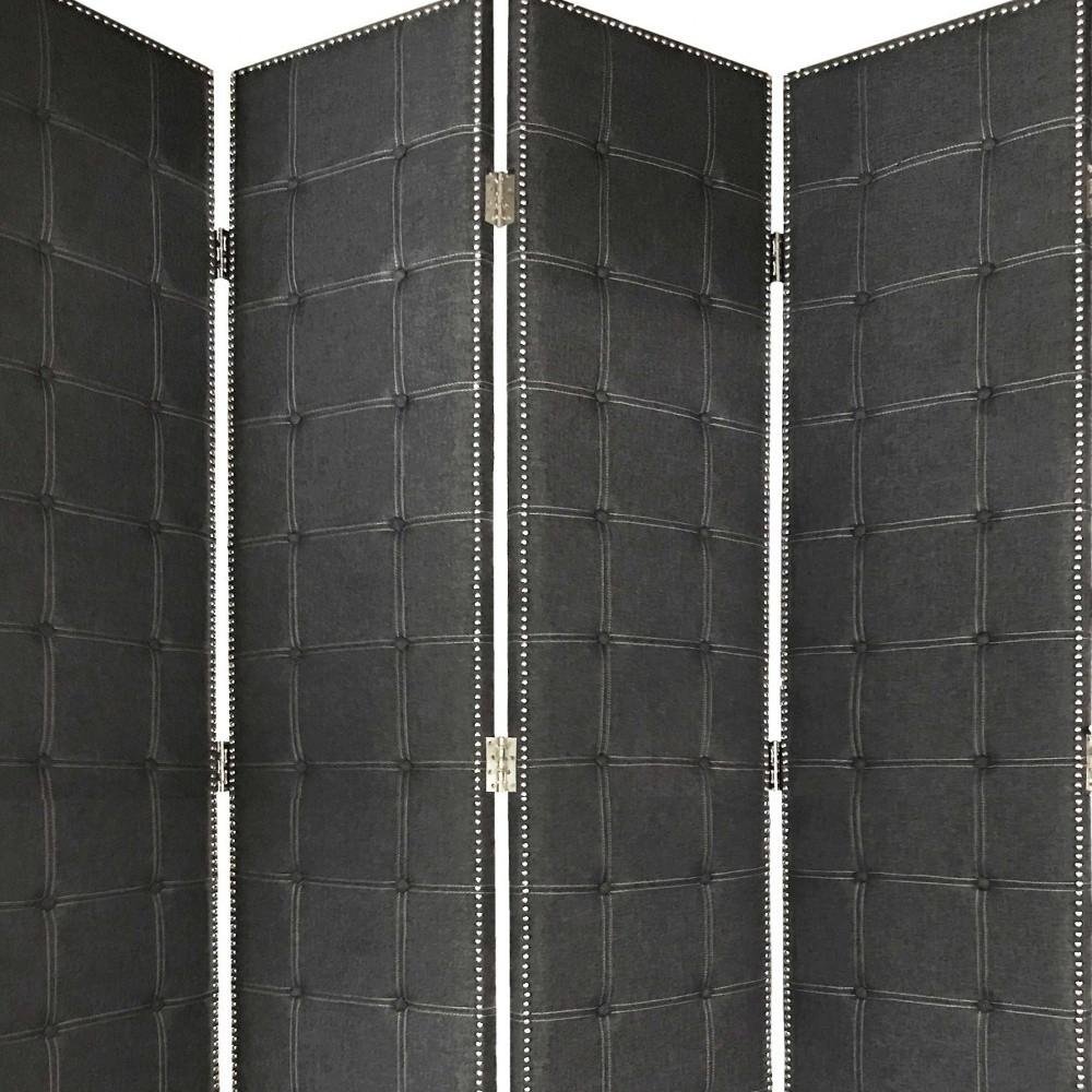 108" Gray Fabric And Wood Folding Five Panel Screen Room Divider - Image 4