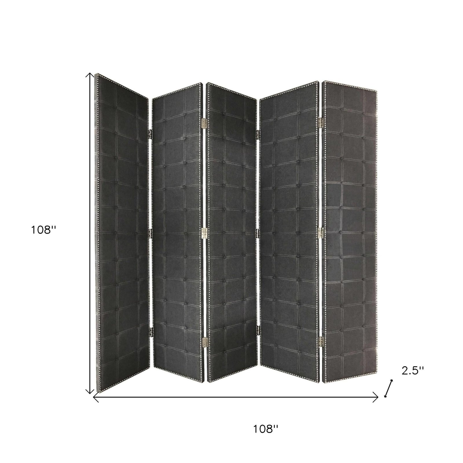 108" Gray Fabric And Wood Folding Five Panel Screen Room Divider - Image 6
