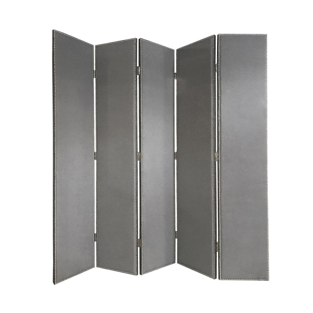 108" Gray Fabric And Wood Folding Five Panel Screen Room Divider - Image 3
