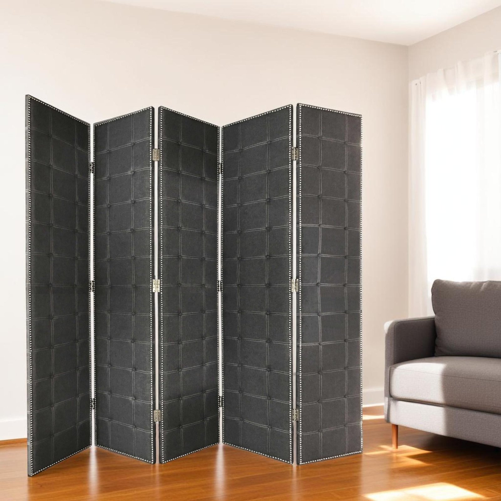 108" Gray Fabric And Wood Folding Five Panel Screen Room Divider - Image 5