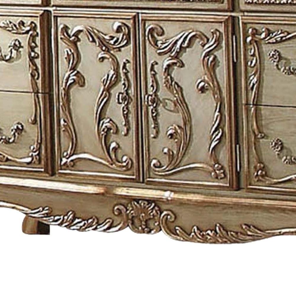 66" Gold Solid Wood Carved Scrollwork Seven Drawer Sideboard with Two Doors - Image 4