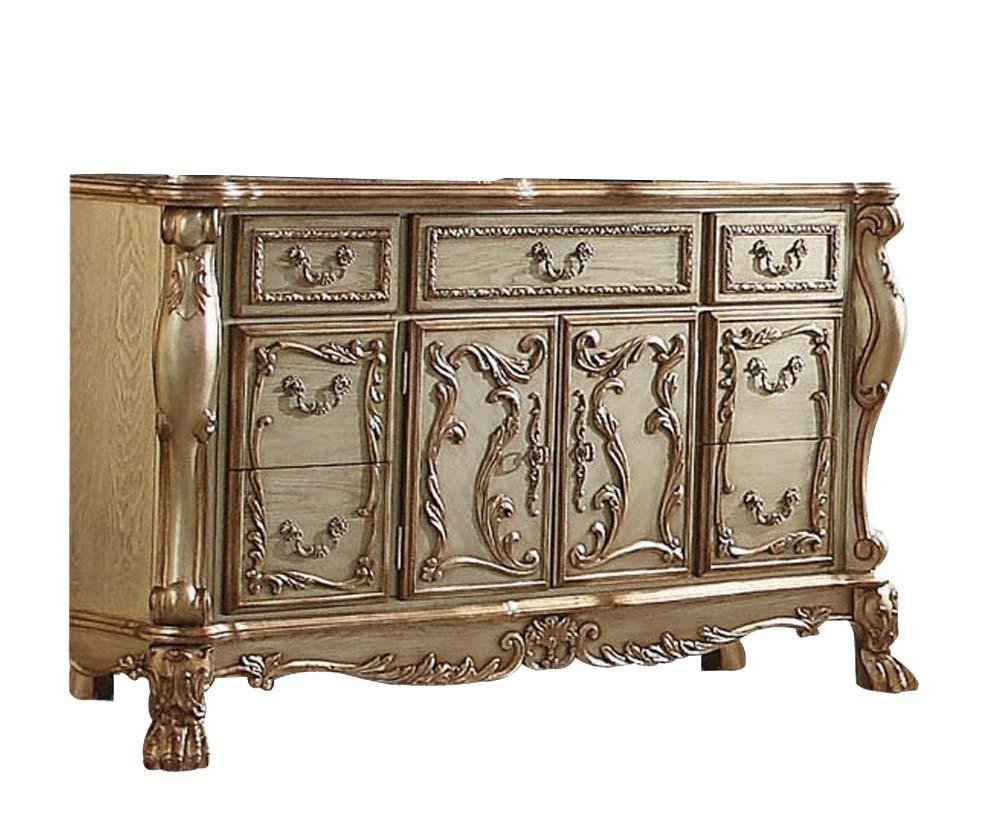 66" Gold Solid Wood Carved Scrollwork Seven Drawer Sideboard with Two Doors - Image 3