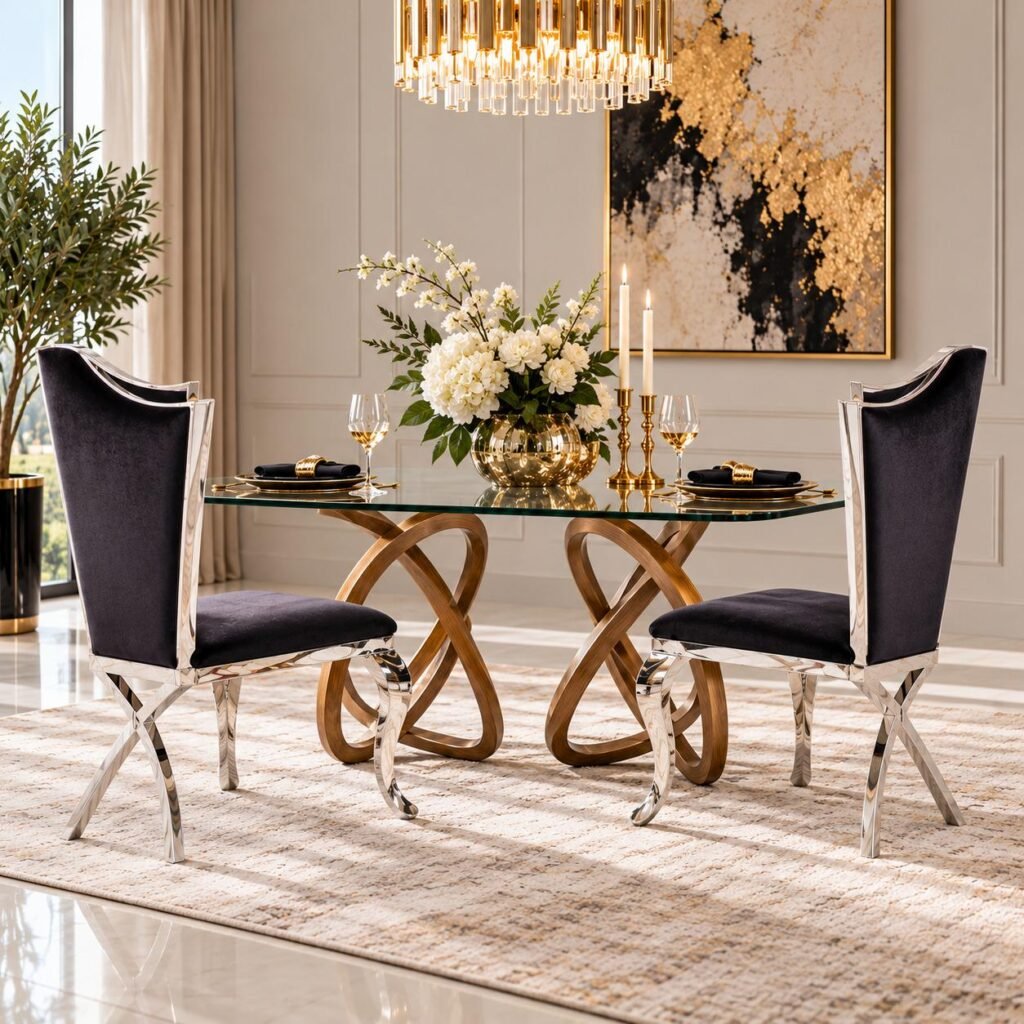 Set of Two Black And Silver Upholstered Fabric Dining Side Chairs