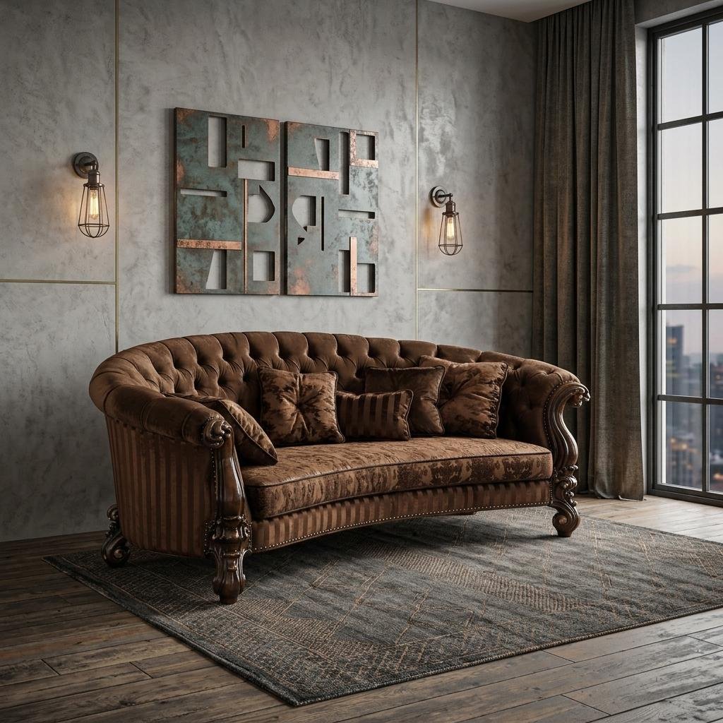 55" Brown Velvet Curved Sofa And Toss Pillows