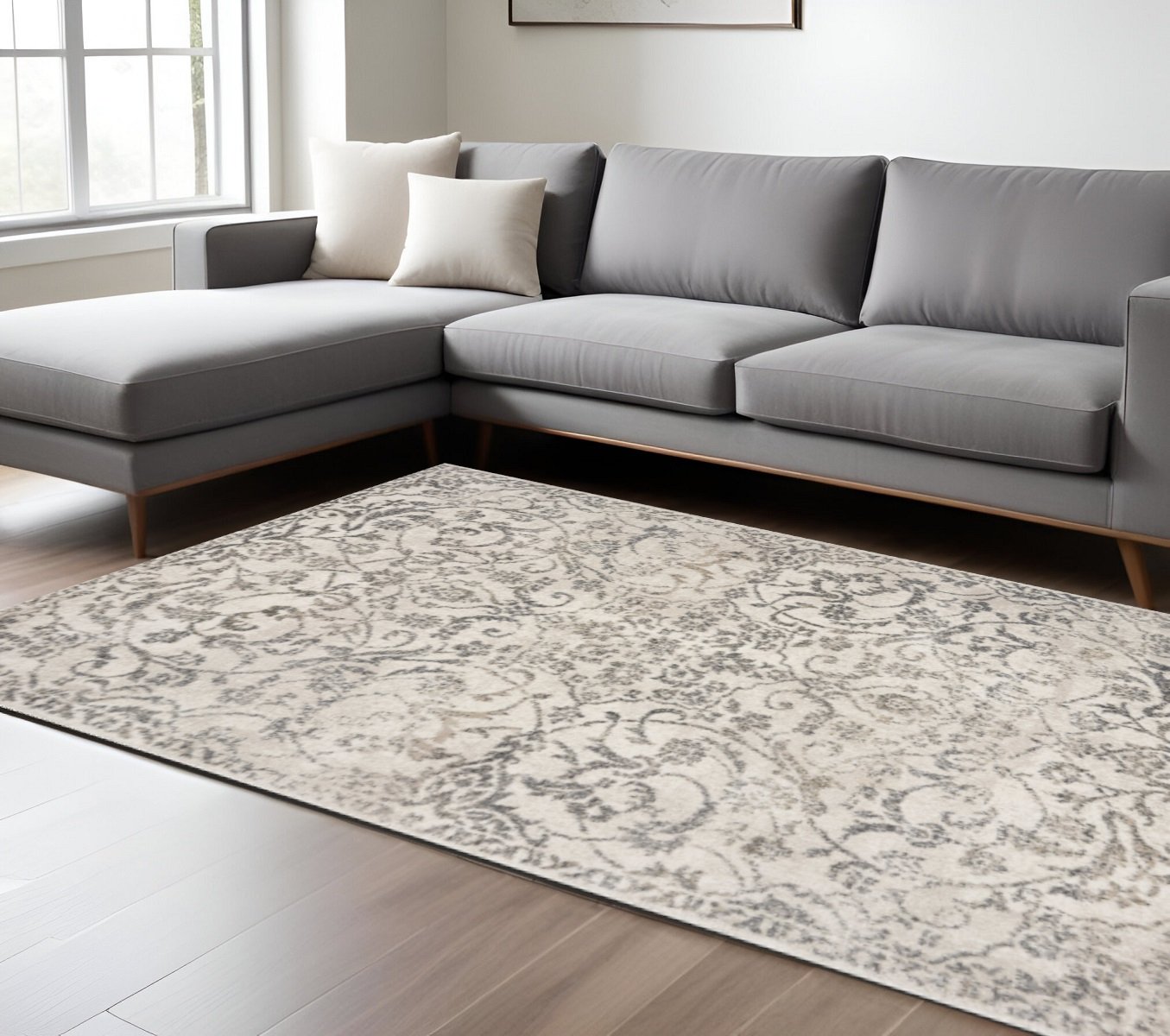 9' X 13' Ivory And Brown Floral Medallion Distressed Area Rug