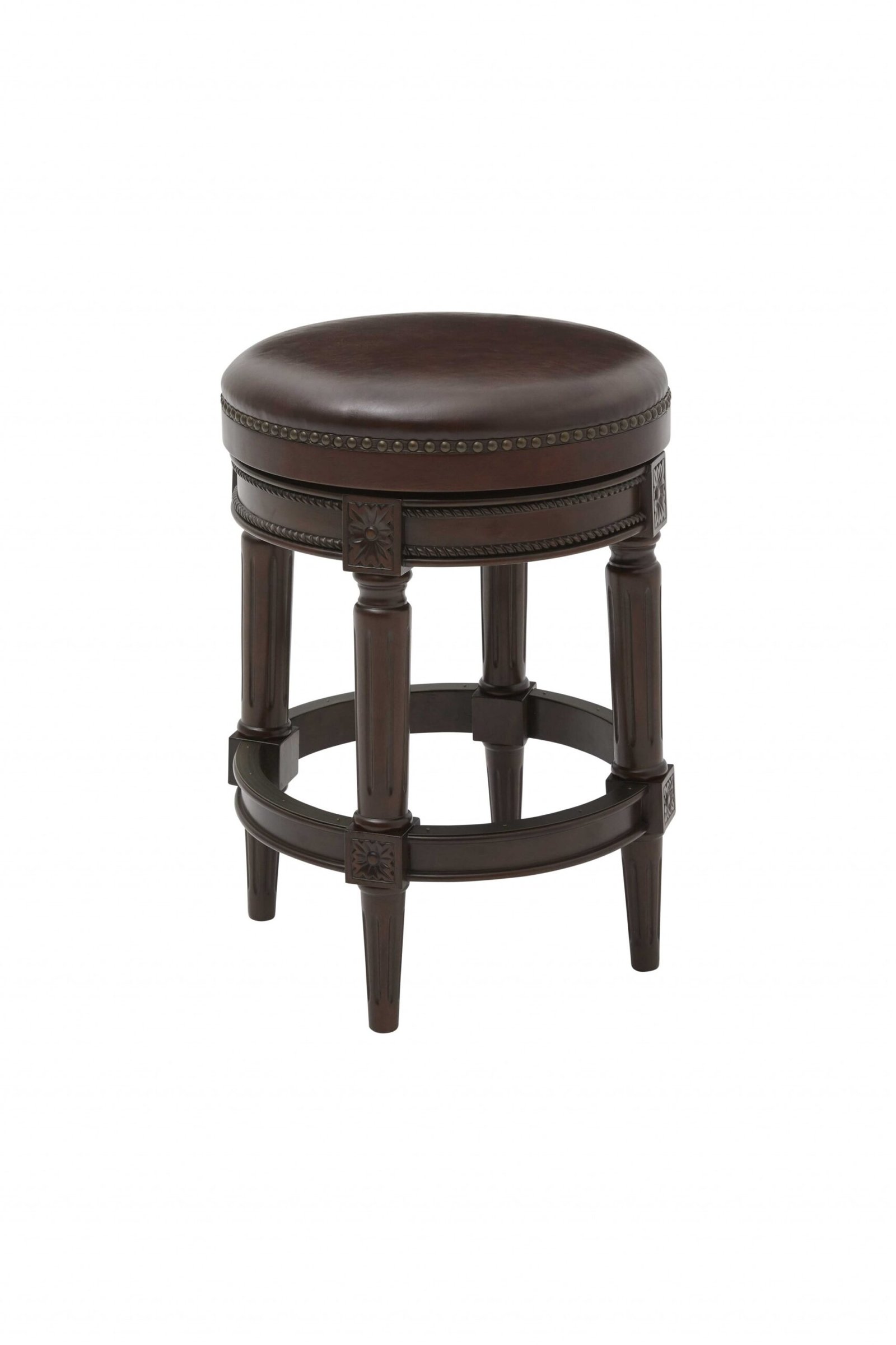 26" Dark Brown And Brown Faux Leather And Wood Backless Counter Height Swivel Bar Chair - Image 2