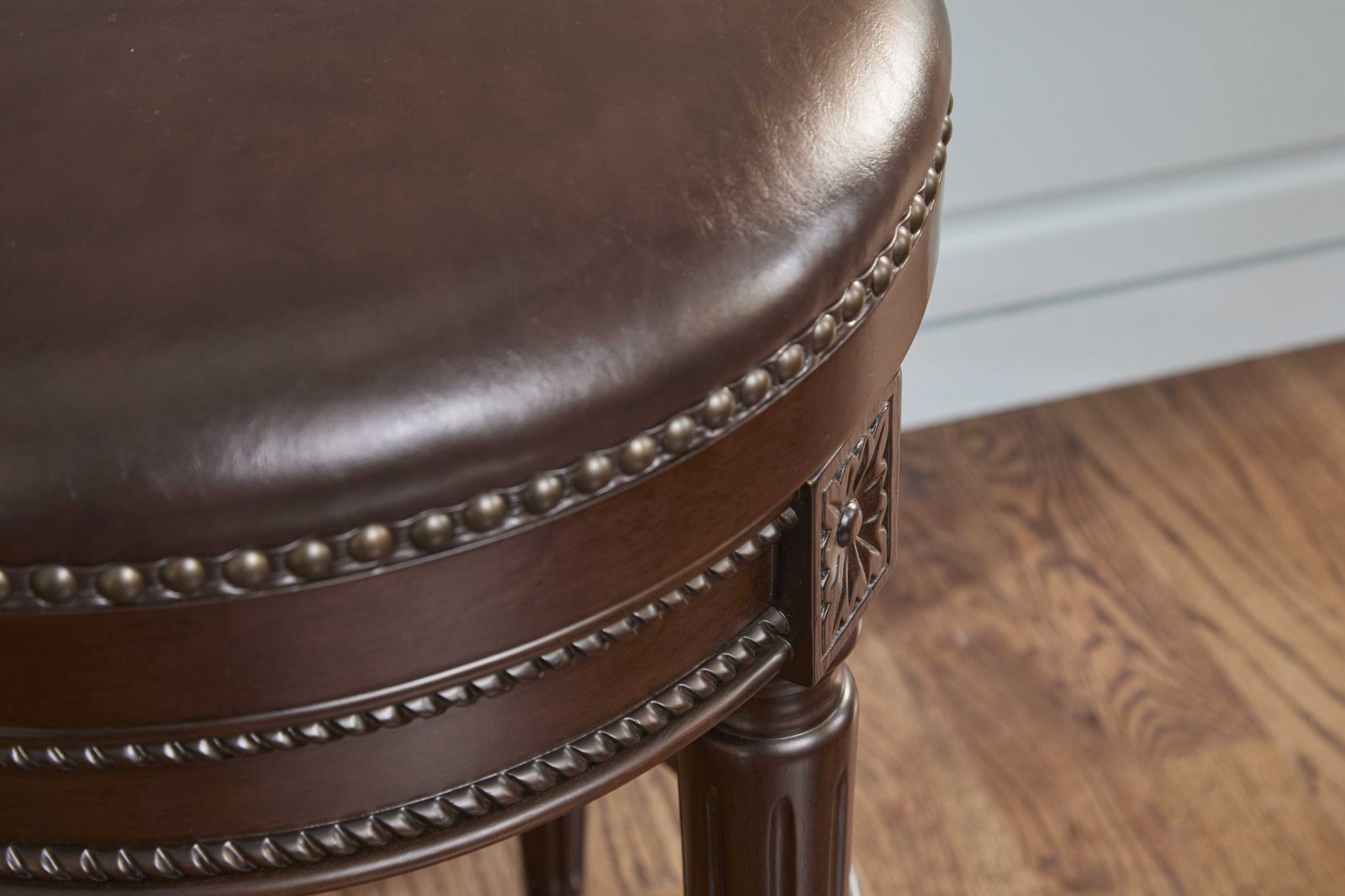 26" Dark Brown And Brown Faux Leather And Wood Backless Counter Height Swivel Bar Chair - Image 5