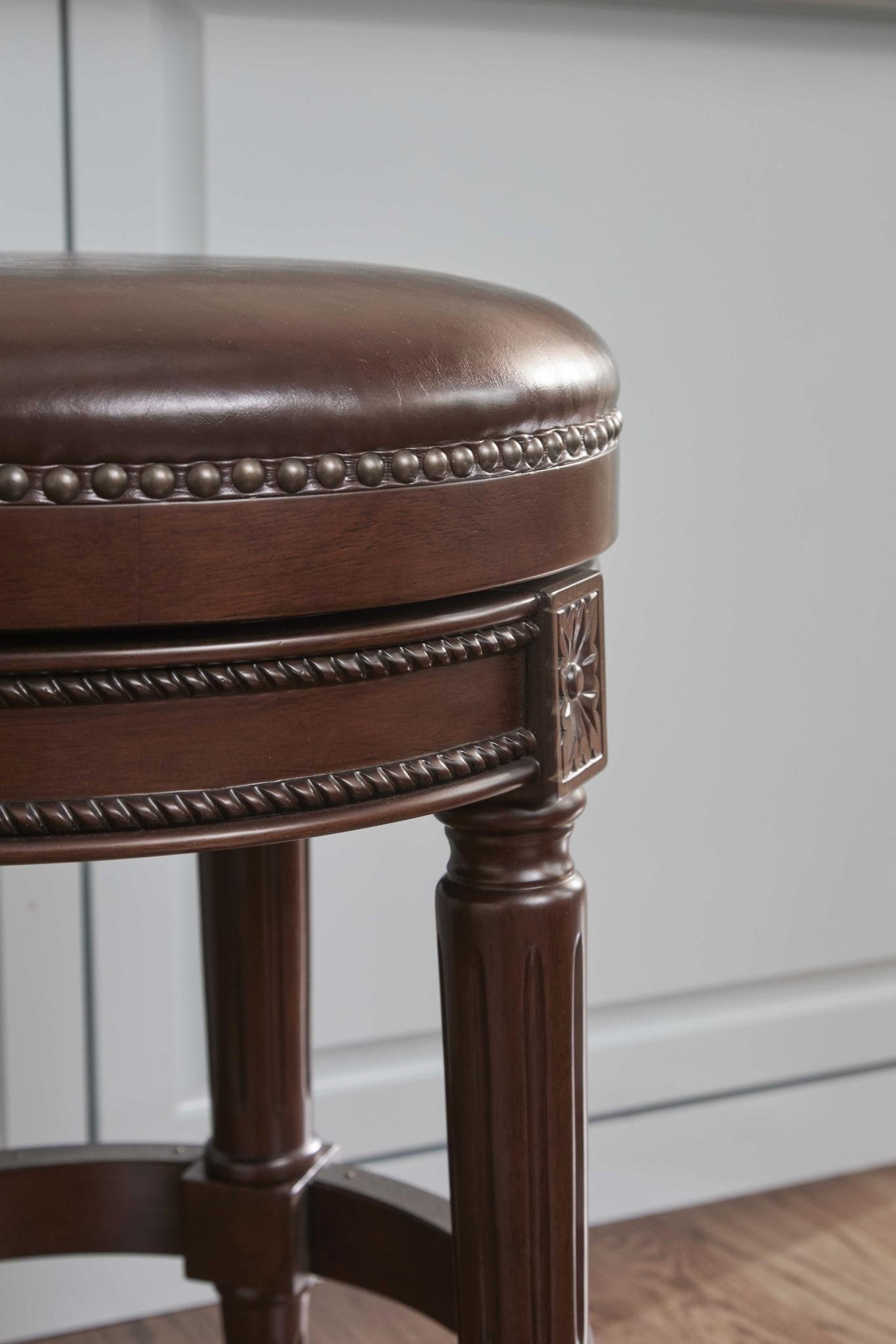 26" Dark Brown And Brown Faux Leather And Wood Backless Counter Height Swivel Bar Chair - Image 6