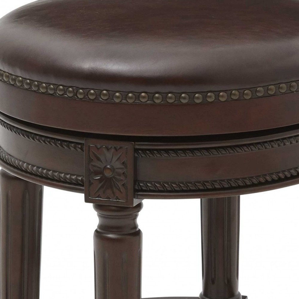 26" Dark Brown And Brown Faux Leather And Wood Backless Counter Height Swivel Bar Chair - Image 3