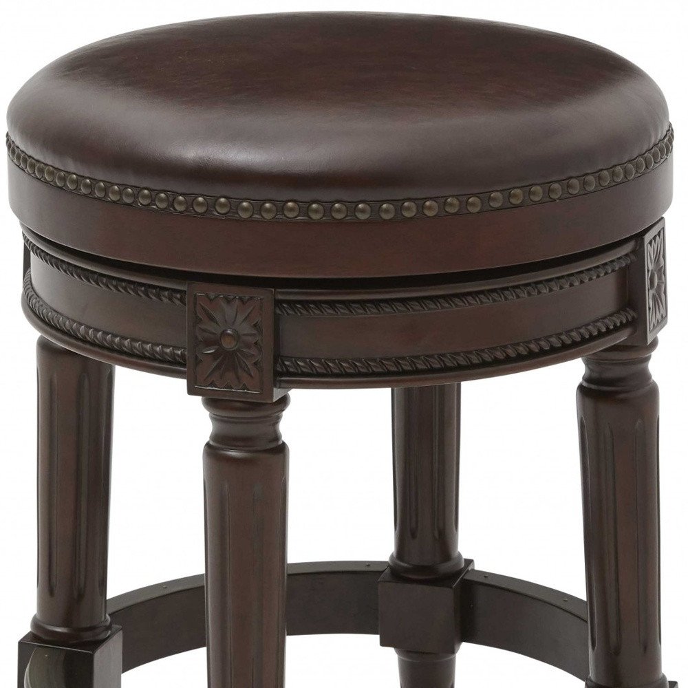 26" Dark Brown And Brown Faux Leather And Wood Backless Counter Height Swivel Bar Chair - Image 4