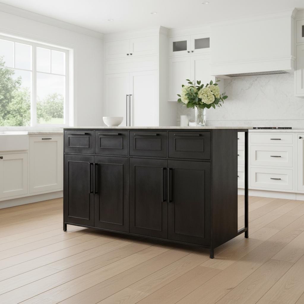 Solid Iron Black Body White Marble Top Kitchen Island With 4 Drawer