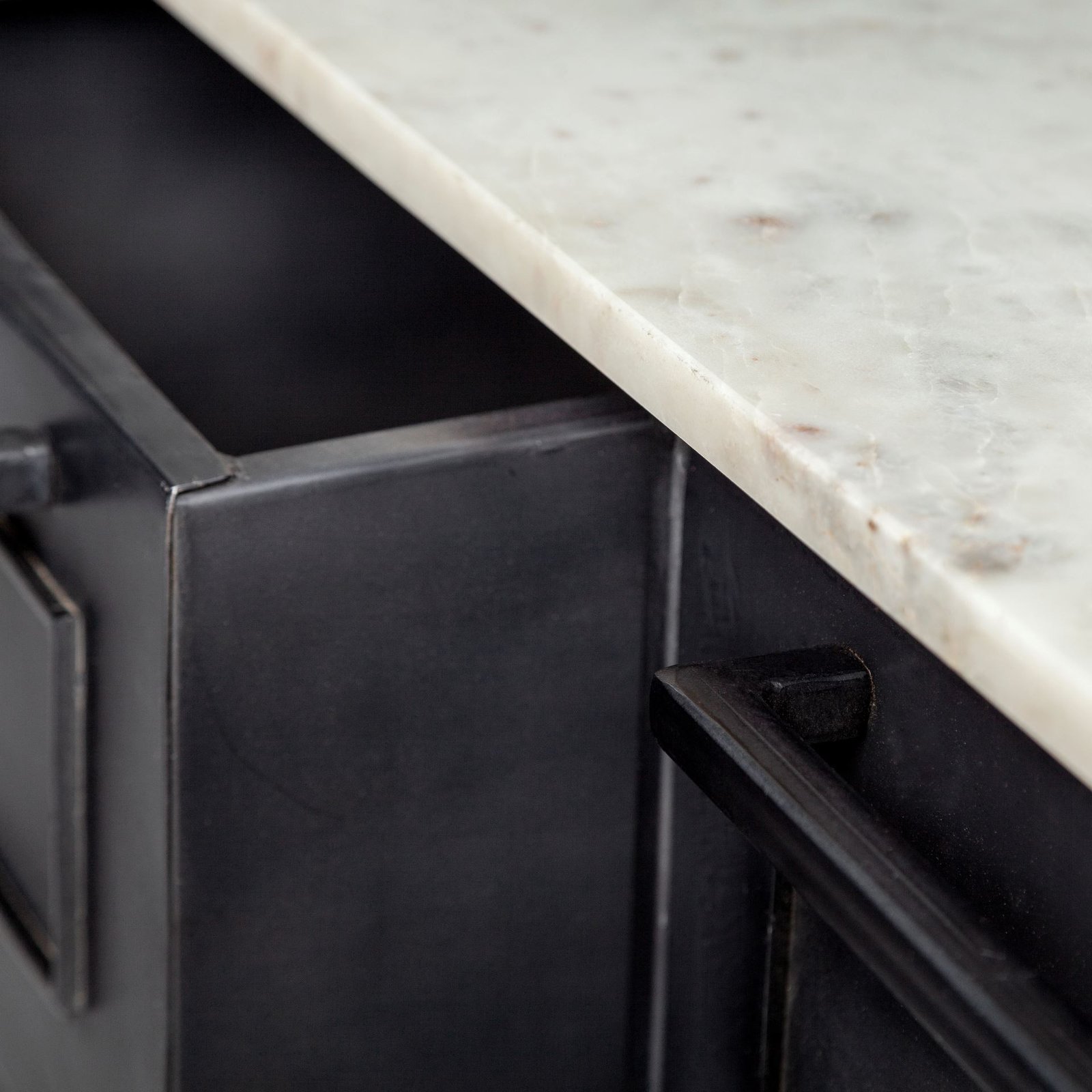 Solid Iron Black Body White Marble Top Kitchen Island With 4 Drawer - Image 9