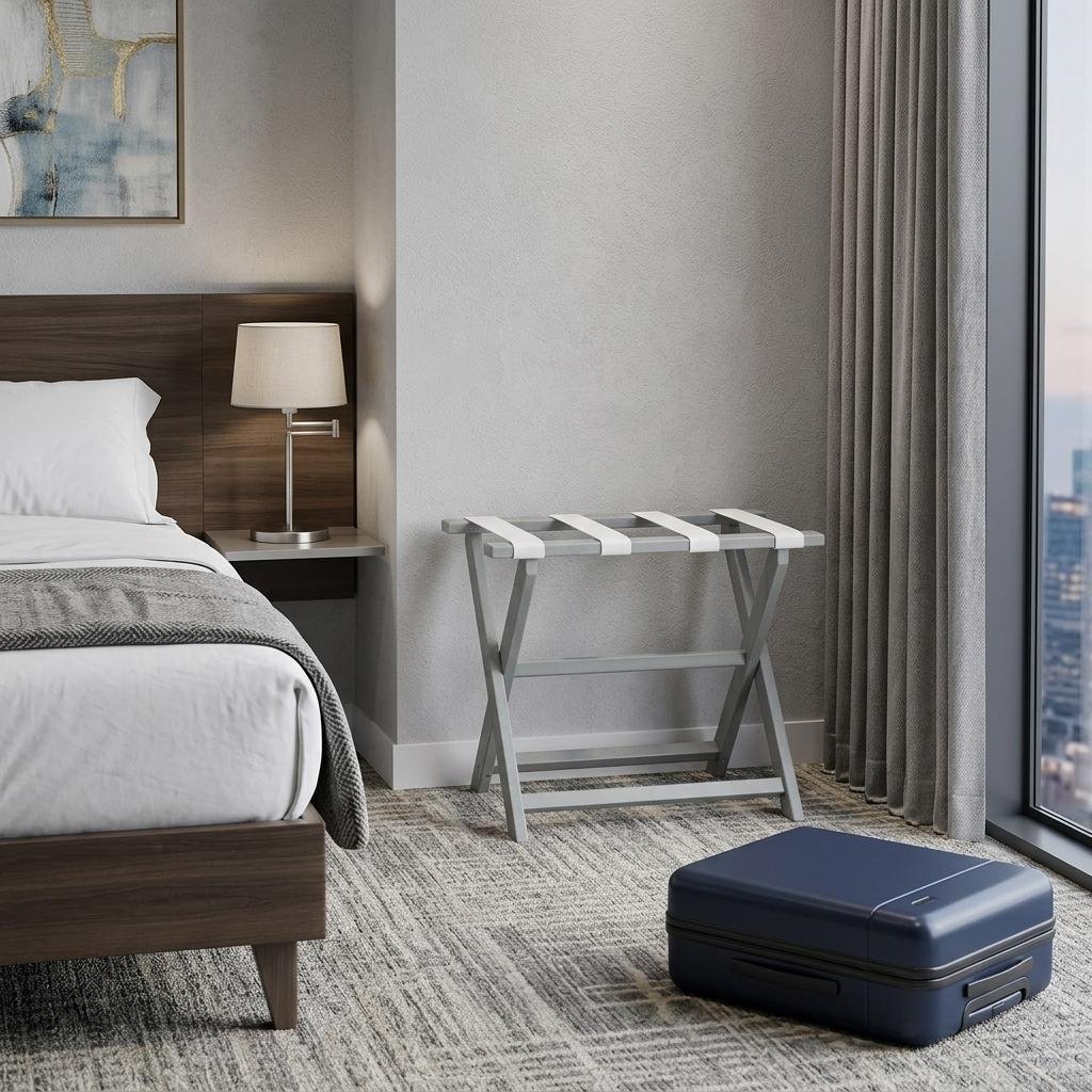 Earth Friendly Light Gray Folding Luggage Rack With White Straps - Image 2