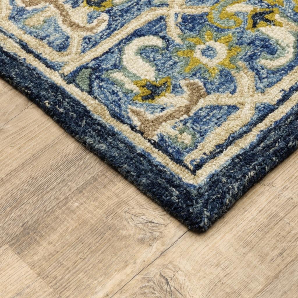 8' Blue And Gold Wool Hand Tufted Runner Rug - Image 3