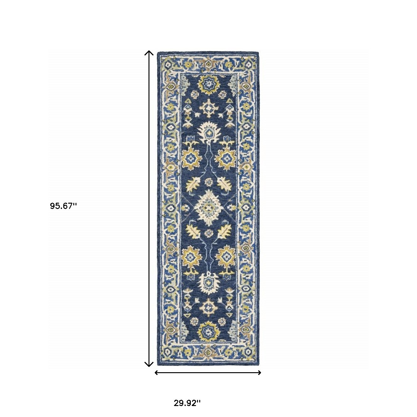 8' Blue And Gold Wool Hand Tufted Runner Rug - Image 4