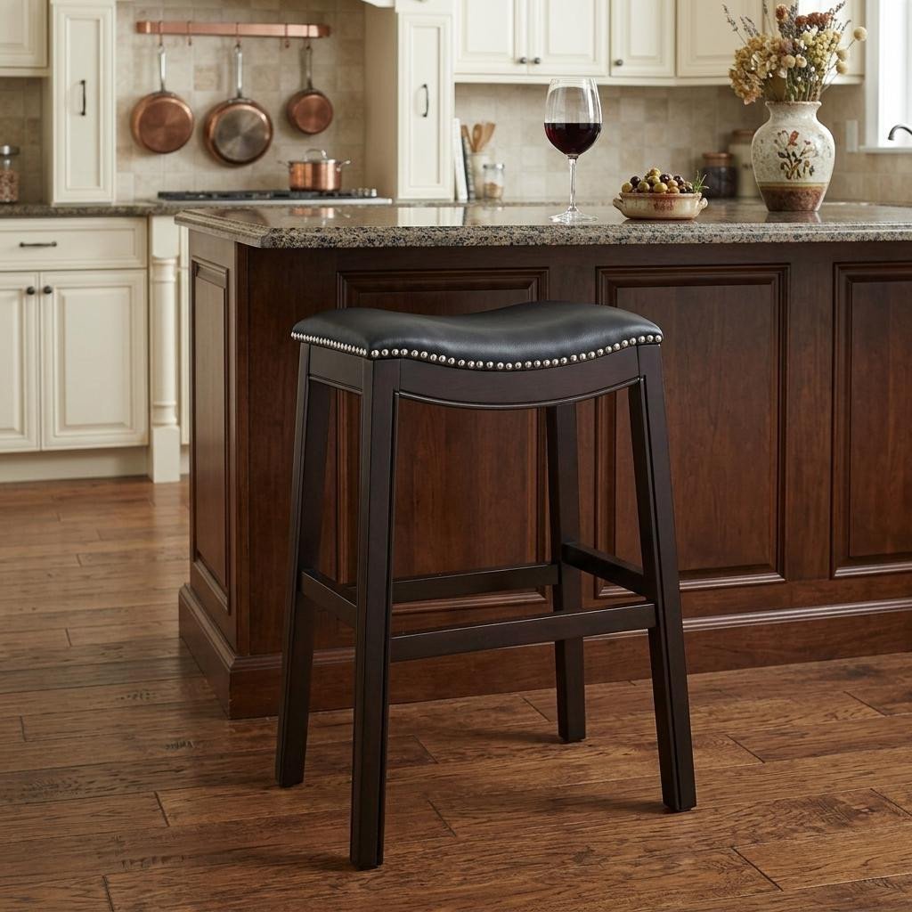 26" Black And Espresso Faux Leather And Solid Wood Backless Counter Height Bar Chair