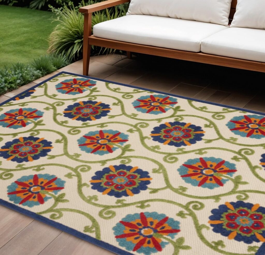 7' X 10' Ivory And Blue Indoor Outdoor Area Rug